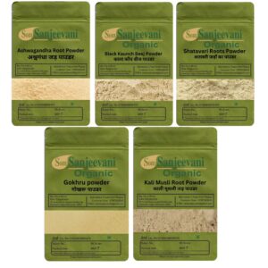Som Sanjeevani Organic|Ashwagandha|Kaunchbeej|Shatavari|Gokhru|KaliMusli|Total 500g|each Pack100g|Natural|प्राकृतिक