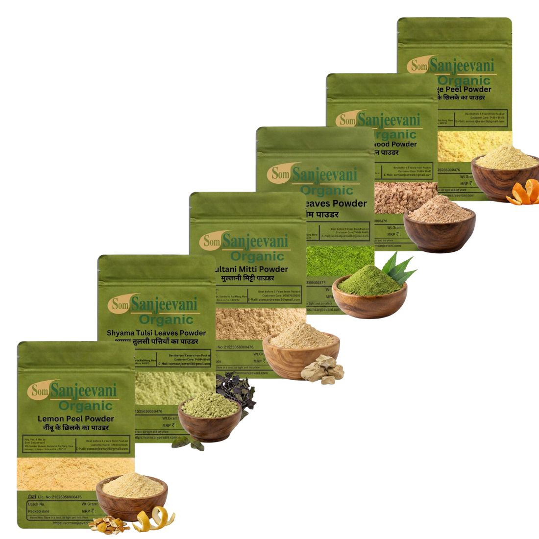 Combo Skin CarePowder |Sandalwood|Neem|Multani mitti|Lemon Peel|Tulsi|Orange Peel(Pack 6) Som Sanjeevani Organic For|each100g|Original