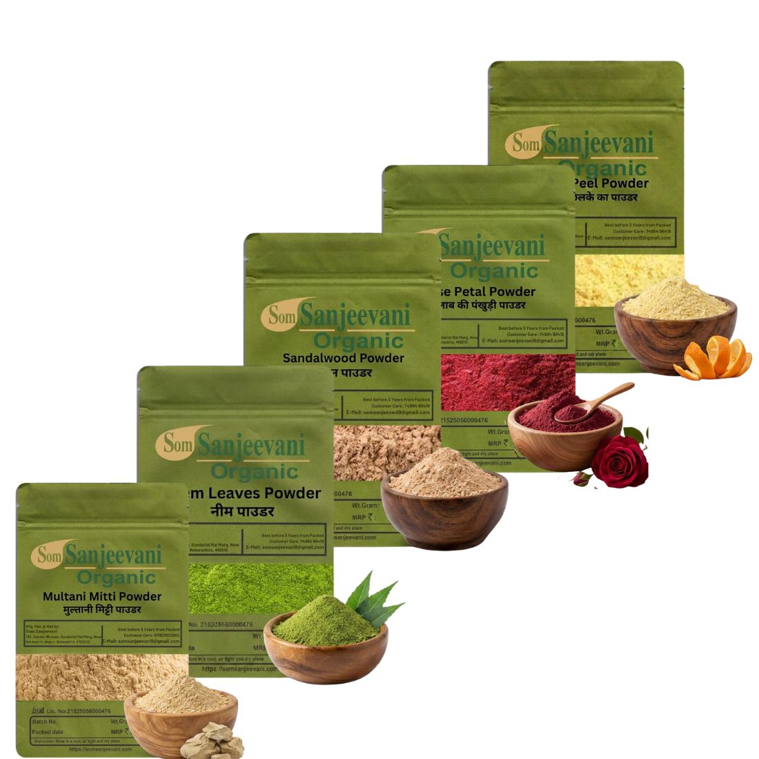 Combo Skin Care Powder|Sandalwood|Orange Peel|Rose PetalNeem|Multani(Pack 5) Som Sanjeevani Organic For|each100g|Original