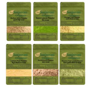 Som Sanjeevani Organic Combo SkinCarePowder|Sandalwood|Neem|Multani mitti|Lemon Peel|Tulsi|Orange Peel(Pack 6)|each50g