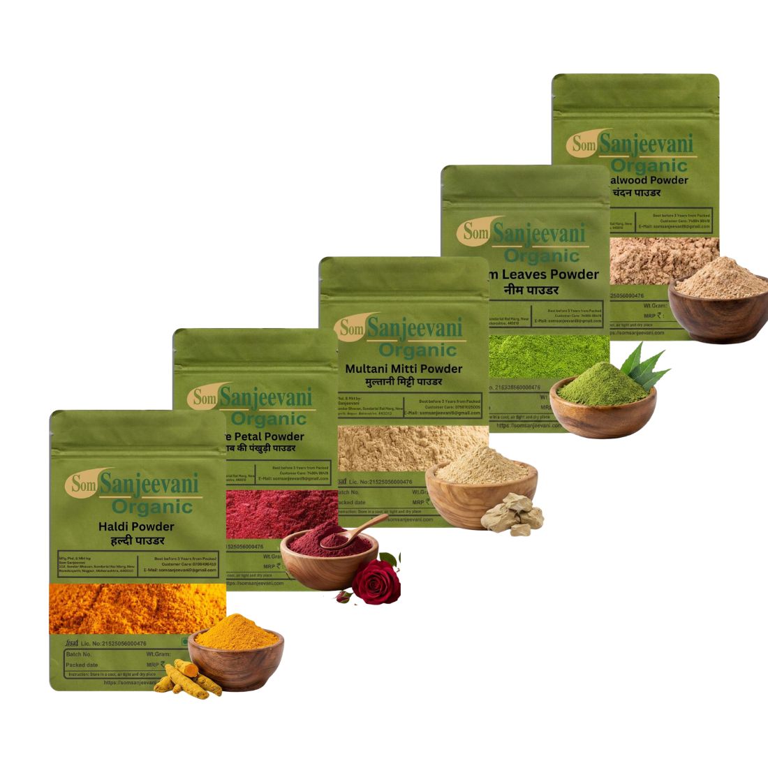 Combo Skin Care |Sandalwooe|Rose Petal|Neem|Turmeric|MultaniMitti|(Pack 5)Som Sanjeevani Organic For|each50|Original