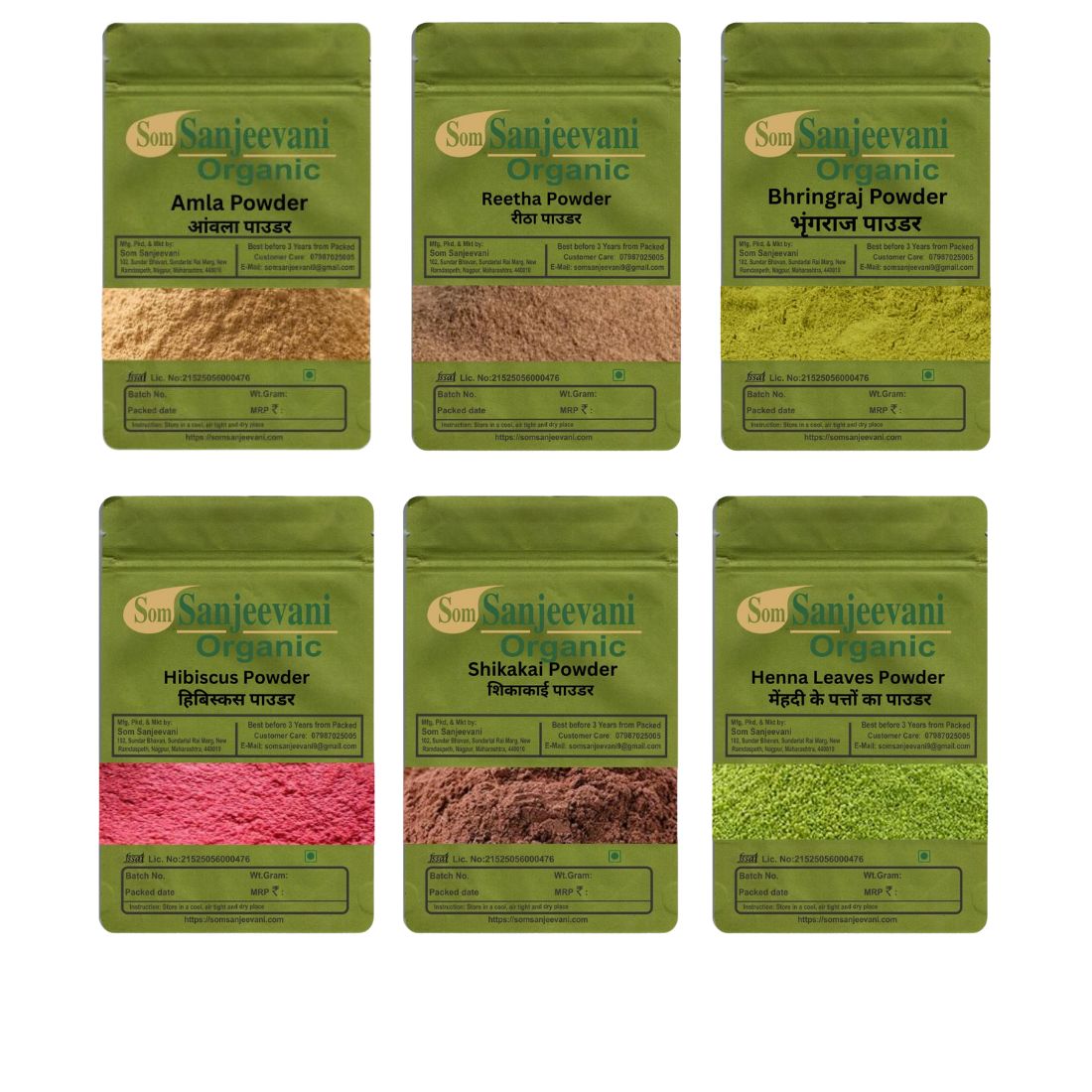 Combo Hair Care|Amla|Reetha|Shikakai|Bhringraj|Hibiscus|Henna|(Pack 6)Som Sanjeevani Organic For|each100